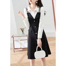 XWI23 봄계절 스타일리쉬 이지 클래식 흑백 패치워크 디자인 페이크투피스 원피스