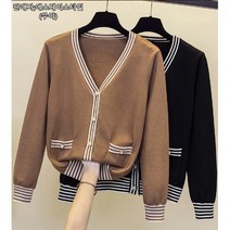 쑤야 S850 여성 브이넥 긴팔 니트 가디건 스트라이프 포켓 빅사이즈