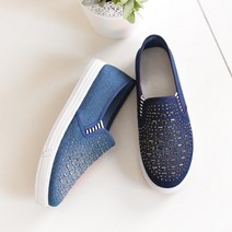 브리사 여성 봄 가을 발편한 큐빅장식 데님 슬립온