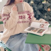 모닝 빈티지 눈꽃 노르딕 꽈배기 니트