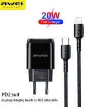 Awei PD2/PD4 20W 고속 PD USB 충전기 C형 3.0 어댑터 아이폰 삼성 호환 샤오미 휴대폰 핸드폰 휴대폰, 01 PD2 EU Plug black, 한개옵션1