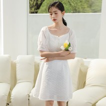 Allo Fu 여름 화이트 퍼프 소매 스퀘어넥 레이스 원피스 프렌치 첫사랑 선녀 스커트