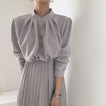 셔츠 플레어 플리츠 단정한 긴팔 가을 롱 회사원 원피스 드레스