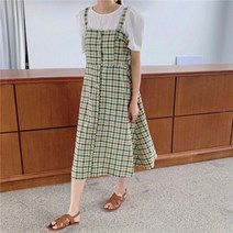 [뽐나] 여성 빅사이즈 레이어드 라운드넥 나시끈 민무늬 파인애플색 체크 무늬 포인트 세로줄 단추 캐주얼 나들이 엠파이어 원피스