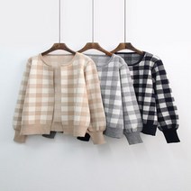 oshu / 가을 귀여운 체크패턴 기본핏 라운드넥 니트 가디건