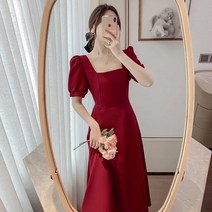 다낭원피스 발리 원피스 동남아 베트남 여행룩 휴양지룩 해외여행여름옷 동남아여름옷 뉴 여름 블랙 드레스 여성용 프랑스 스퀘어 칼라 하이 웨이스트 퍼프 반팔 a 라인 중간 길이