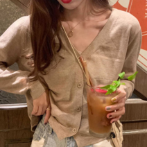 오너클랜 여성 베이지 짧은 가디건 20대 3대 기본 간절기 코디