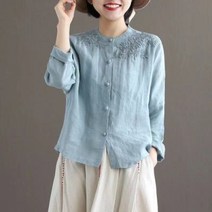 DAPANDA 면마 자수 셔츠 여 봄여름 르네상스 박시한 솔리드 린넨 톱 선드레스