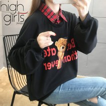 [ 하이걸스 ] 베어 체크 맨투맨 티셔츠 처비캣 여성 봄 가을 긴팔