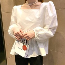 다미님 [2컬러]퍼프 블라우스 벌룬 스퀘어넥 카라 긴팔 반팔 봄 여름 셔링 프릴 언발 트임 리본 레이스 캉캉 셔츠 티셔츠 무지 배색 체크 남방 맨투맨 니트 하객룩 각사-블라우스