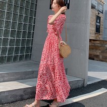 플라워 쉬폰 원피스 롱 여성용 빈티지 플로랄 프린트 맥시 드레스 캐주얼 비치 플레어 슬리