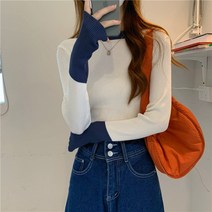 여성 라운드넥 슬림핏 이너 배색 골지 티셔츠