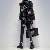 유광 체크 숏 패딩 덕다운 재킷 여성 짧은 겨울 고급 후드 점퍼 패션 아우터