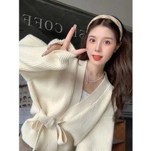 여성 브이넥골지랩니트 사이드 리본스트링 랩 니트