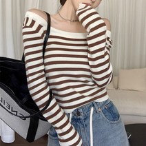 여성 텐셀 스퀘어넥 단가라 스트라이프 니트 티셔츠 (에버)