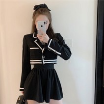 패셔너블한 세트 여자 컬러 배색 쇼트 긴팔 정장 코트 하이웨이스트 주름 세트 플리츠 스커트 여성 블라우스 라운드 원피스 치마