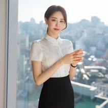 아이스크루 여성 쉬폰 기본카라 히든버튼 반팔 면접 블라우스 화이트 셔츠