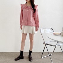 오슈 잔잔 체크 여성스런 면100 체크카라 프릴 블라우스