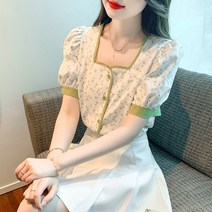 IBOY UGIRL 여성 꽃무늬 스퀘어넥 퍼플소매 반팔 블라우스 셔츠