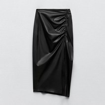 ZARA 플리츠 셔링 블랙 레더 미디 스커트