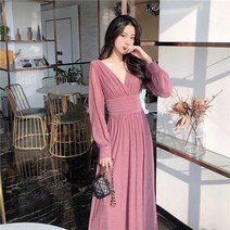 VSYOY 여성 허리 밴딩 바캉스 원피스 빅사이즈 퍼프 소매 브이넥 롱원피스
