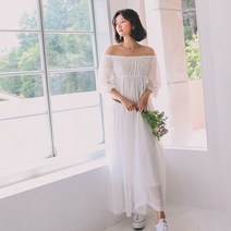 핑크비치 셀프웨딩 화이트 오프숄더 롱 비치 원피스
