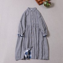 예쁜원피스 여성린넨원피스 일본 문학 면 더블 코튼 긴 소매 드레스 느슨한 작은 격자 봄
