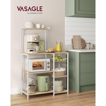 VASAGLE 주방 보관함 베이커 랙 커피 바 3단 선반 S-후크 6개.. 정품보장, Oak Beige  Classic White
