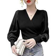 [니만 바이] 쉬폰 도킹 볼륨 소매 V 넥 니트 블라우스 리브 카슈쿠르 부드러운 니트 레이어드 스웨터 컷소우 앞 열기 가슴 팍 v 넥 블랙 1A-N01-BKL