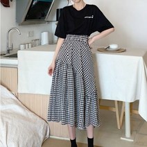 체크 플레어 롱스커트 밴드 스커트