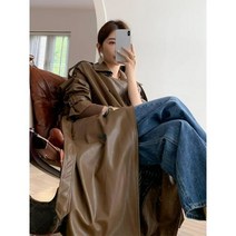 라이더 시리즈 퀄팅 가을 인조 가죽 롱 트렌치 코트 블랙 더블 브레스티드 한국 패션 모토 재킷 스트리트웨어 레이디 아우터 시크 코트