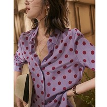 땡땡이블라우스 출근룩 나들이 하객룩 여자 쉬폰 카라넥 셔츠 퍼플