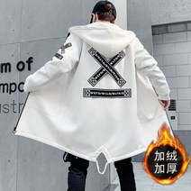 남성용 양털 겨울 재킷 프린트 일본 후드 롱 트렌치 코트 블랙 힙합 윈드 브레이커