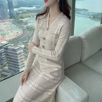 YAPOGI 빈티지 니트 브이넥 원피스 2023년 타이 봄 이너로 허리를 잡아주어 날씬해 보이는 기질 기모 원피스