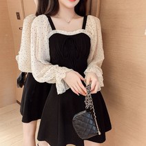 나팔소매원피스 초여름 긴 스퀘어넥 여신 판 헵번 무드 허리보정 슬림핏 소흑 4164531485