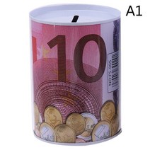 Creative Tinplate Cylinder Piggy Bank Euro Dollar Picture Box Household Saving Money Home Decoration, 한개옵션1, 01 A1