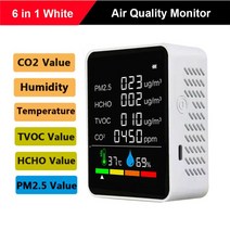 공기질 측정기 스마트 공기 모니터 CO2 이산화탄소 감지기 창고 온도 습도 T OC HCHO 측정 미터, 06 6 in 1 White, 06 6 in 1 White A