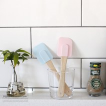 파스텔 나무손잡이 우드핸들 실리콘 미니 스파츌라 열탕소독 이유식 베이킹 조리도구 미니 알뜰 주걱 - 핑크 블루, 1개