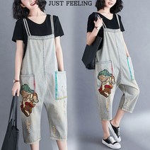 JUST FEEL!NG 여름/여성용/멜빵바지/캐릭터/자수/점프슈트/빈티지/7부 팬츠/와이드/빅사이즈