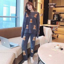 커플잠옷세트 21 겨울 가을 플란넬 곰돌이 여성 실내복 산욕기룩 큐트 털 가운 타입 11 월14 일 발 2822801468, L, 그레이 라운드넥 _그레이 바지투피스