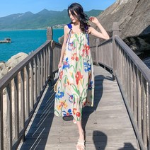 (바니뉴욕)바캉스 최강룩-오버핏 쉬폰나염 오프숄더 어깨끈 A라인 롱 원피스-바캉스 비치