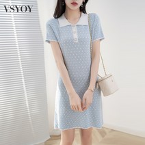 VSYOY 칼라 스트라이프 니트 원피스 여름 패셔너블한 여성복 반팔 스커트