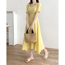 노란 린넨 여름 반팔 퍼프소매 롱 원피스