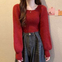 패딩스퀘어 칼라 스웨터 여성용 루즈한 이너웨어 2022 년 최신 퍼프 슬리브 랜턴 보터밍 셔츠 초가을 상
