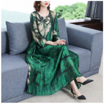 Ogfaour여성 롱 린넨 쉬폰 뷔스티에 셔츠 랩 레이스 플라워 바스락 니트 도트 카라 정장 원피스 2021 느슨한 캐주얼 인쇄 뽕나무 실크 맥시 드레스 봄 여름 빈티지 플러스