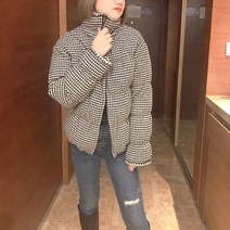 체크점퍼 하운드체크 코트 여성 구스다운 다운 재킷 숏패딩