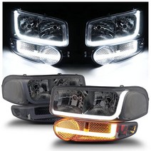 M-AUTO LH&RH 헤드라이트 어셈블리 스위치백 LED 스트립 DRL 포함 01 GMC 시에라 C3 / 02-06 1500 데날리 07 클래식 01-06 유콘 데날리 Yu, Chrome/Smoke - Clear Coner_Hal