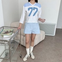 코지 영국 프레피룩 더블세븐 77 프린팅 긴팔티