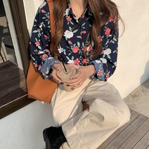 라라벨 여성용 블라우스 로사나 카라넥 플라워 포인트 베이직 포켓 로맨틱 긴팔 블라우스