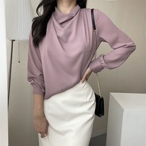 에스.마르코 가을 페미닌 반목 터틀넥 루즈핏 긴팔 셔링 진핑크 아이보리 블랙 드레이프 블라우스